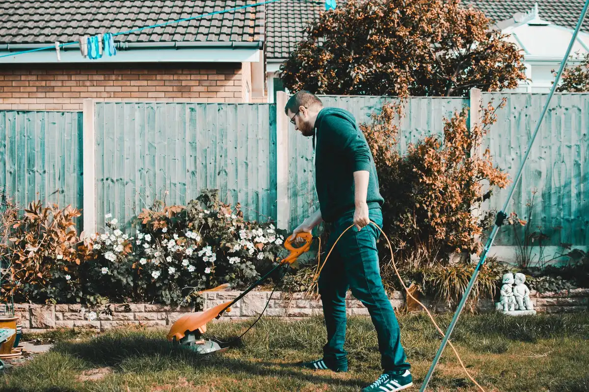 Mains d'un jardinier taillant une haie avec un sécateur, outils et feuillages au sol