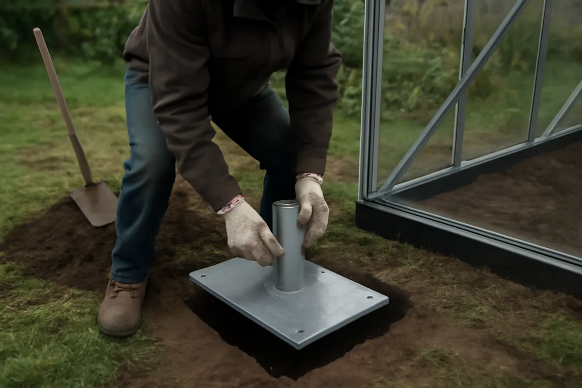 Quels pieds choisir selon la taille de la serre? — Le pied platine est conçu pour maintenir les serres volumineuses sans recourir à des fondations maçonnées complexifiées. Une base rectangulaire enterrée sert de contrepoids et stabilise l’ensemble même sur sol meuble.