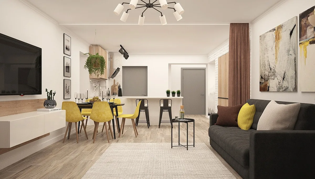 Salon lumineux montrant plusieurs positions possibles pour un meuble TV