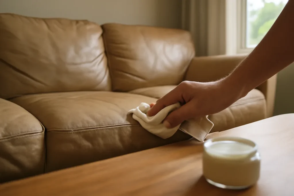 Comment nettoyer et enlever les taches d'un canapé en cuir beige très sale ?